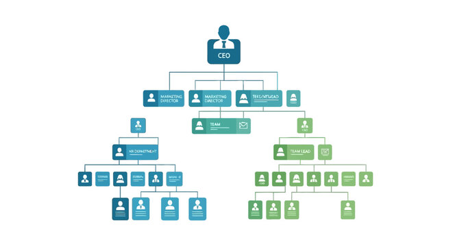 The CEO oversees various departments including marketing, sales, and IT through an organizational chart.