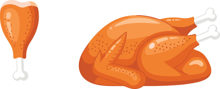 Roasted whole turkey and crispy chicken drumstick vector illustration set isolated on transparent background for Thanksgiving dinner menu graphic design elements.