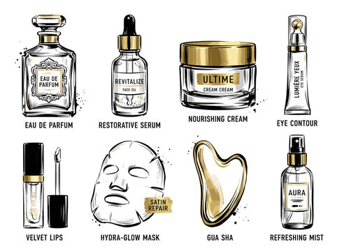 Collection of premium cosmetic product illustration in black ink with gold accent on white background for editorial skin care