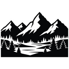 Fototapeta premium Landscape silhouette illustration of a forest with a river and mountains vector design.