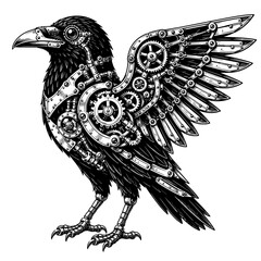 Fototapeta premium steampunk crow with mechanical gears and metal wing for gothic fantasy clockwork mystery vintage tattoo and decorative vector design concept