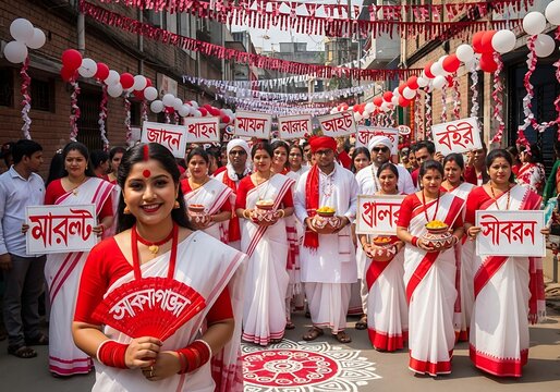 Bengali festival procession people in white and red celebrate outdoors