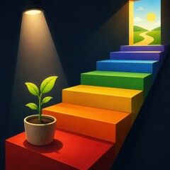 Fototapeta premium Rainbow staircase to bright future with potted plant and spotlight for growth progress and innovation concepts
