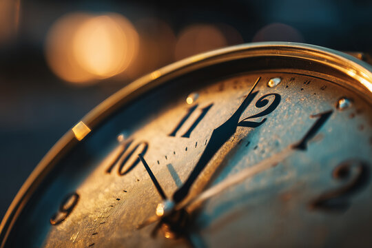 Close-up of an old alarm clock showing almost noon, time passing