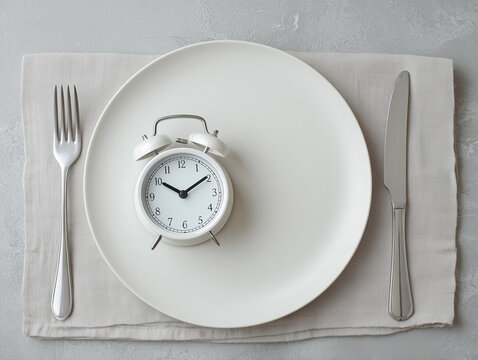 A white alarm clock sitting on an empty white plate with a fork and knife beside it on a linen napkin, symbolizing the concept of intermittent fasting or meal timing