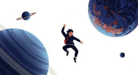 Person jumping in outer space among planets and stars. © Brodin