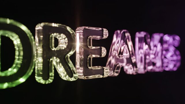 Imaginative, ethereal text rendering the word 'Dreams' with luminous, translucent materiality, shimmering with vibrant chromatic gradients shifting from emerald green to amethyst purple against