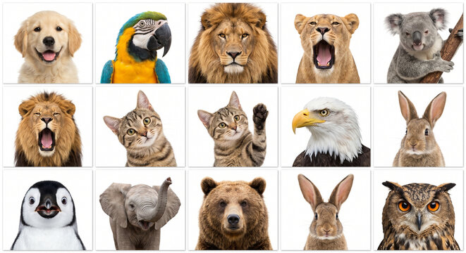 Animal portraits collection on a white background diverse wildlife faces