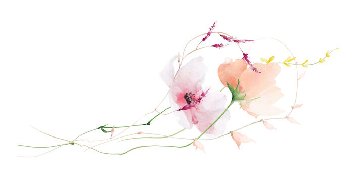 Watercolor floral bouquet arrangement. Pink blush and orange poppy, peony flowers, purple spikelet branches, peach leaves. Hand drawn style illustration. Artistic template design.