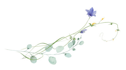 Watercolor floral border bouquet frame. Blue bells, yellow flowers. Green, turquoise eucalyptus branches, leaves. Hand drawn style illustration. Artistic template design. © satika