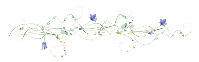 Watercolor floral border stripe. Blue bells, yellow flowers. Green, turquoise eucalyptus branches, leaves, twigs. Hand drawn style illustration. Artistic template design. © satika