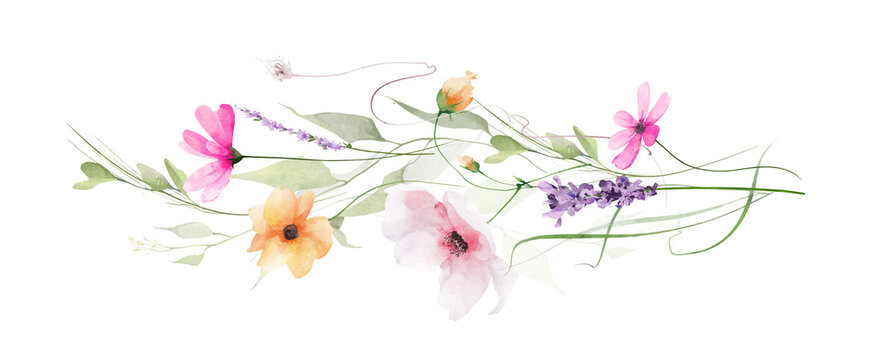 Watercolor floral border. Meadow pastel pink, peach, blue, yellow, violet flowers, green branches, leaves. Hand drawn style illustration. Artistic template design.