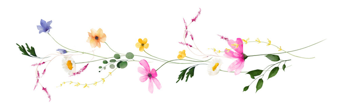 Watercolor floral border bouquet. Pink chamomiles, yellow, orange, peach. blue flowers, green eucalyptus branches, leaves, blush twigs. Hand drawn style illustration. Artistic template design.