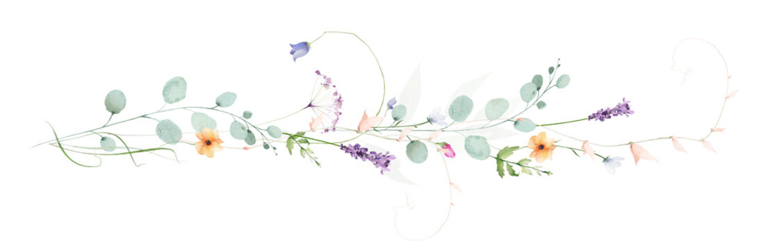 Watercolor floral horizontal border. Meadow blue, turquoise eucalyptus branches, violet lavender, pink flowers, green leaves. Hand drawn illustration. Artistic template design
