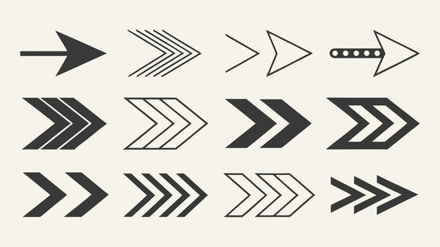 A collection of various black and white arrow icons pointing right on a beige background