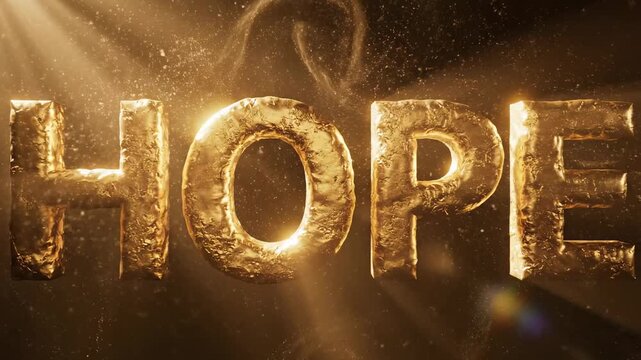 Radiant golden embossed word HOPE shimmers with ethereal light rays and swirling atmospheric particles, conveying profound inspiration and a powerful message of optimistic resilience illuminated