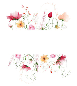 Watercolor floral rectangular border frame. Growing pink and orange, poppy, peony, rose flowers, blush fern branches, peach leaves. Hand drawn style illustration. Artistic template design.