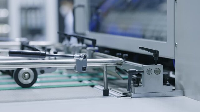 Close up of automated conveyor machinery operating in modern smart factory. Precision industrial equipment used for advanced manufacturing and packaging production processes.
