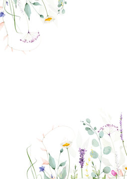 Watercolor floral corner frame. Violet lavender, blue bell flowers, wild chamomile, eucalyptus branches, green leaves, pink twigs. Hand drawn illustration. Artistic template design