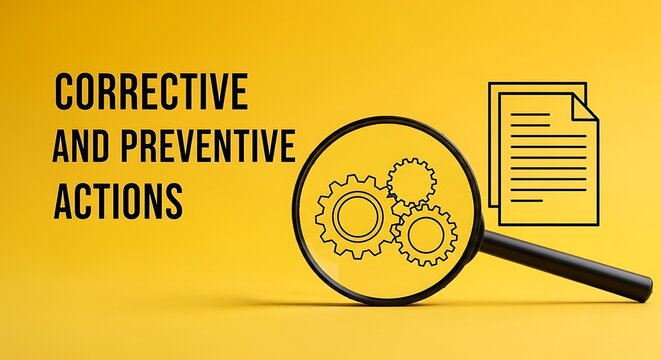 Corrective and preventive actions concept, CAPA quality management system on yellow background, magnifying glass with gears and document icons