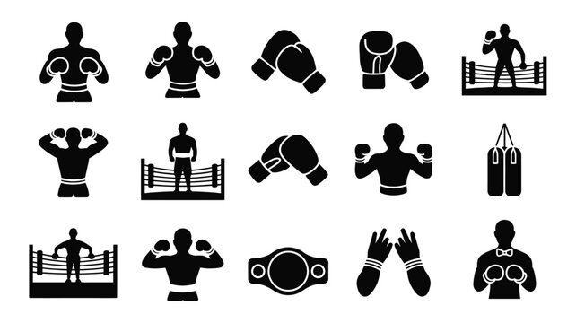 Set of 15 Black Boxing Icons Vector