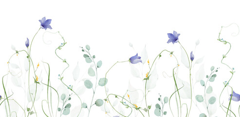 Watercolor floral seamless border stripe. Blue bells, yellow flowers. Green, turquoise eucalyptus branches, leaves, twigs. Hand drawn style illustration. Artistic template design. © satika