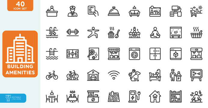 Building Amenities Vector illustration line editable icon set. Containing Building, Facilities, elevator, security, reception, parking, gym and more. on white background.