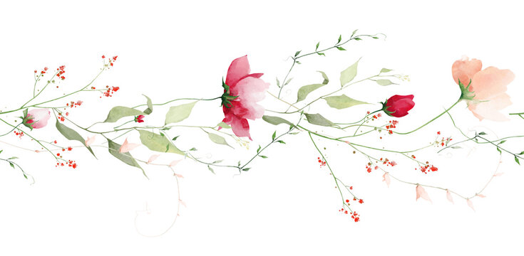 Watercolor floral seamless border. Meadow orange, pink, peach poppy, red rose, small flower branches, green leaves, branches, wild herbs. Hand drawn illustration. Artistic template design