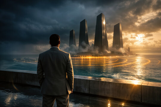 Silhouette in linen suit on brutalist observation deck overlooking Caribbean sea with glowing defensive grid and distant metallic monolith prisms symbolizing strategic threat Cuba defense 2026