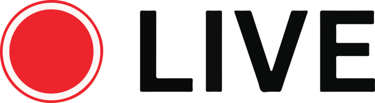 red circle live broadcast indicator label with bold black text for streaming, television and online video overlay
