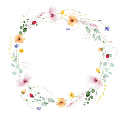 Obraz premium Watercolor floral wreath border frame. Pink chamomiles, yellow, orange, peach poppy, flowers. green, turquoise branches. Hand drawn style illustration. Artistic template design.
