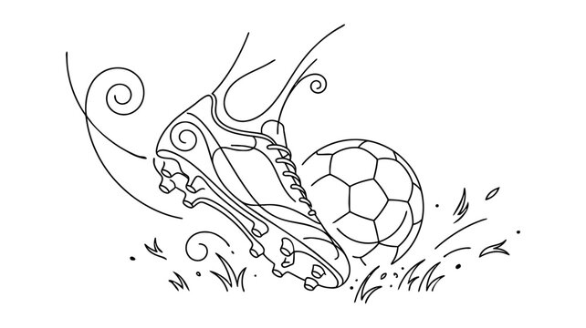 Continuous line art vector illustration of soccer player foot kicking football on grass
