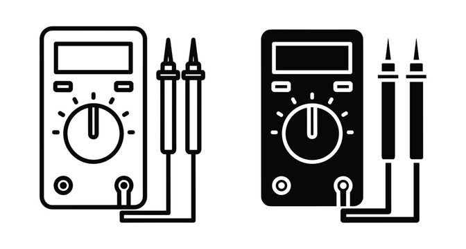 Digital multimeter icon set with outline and solid versions for electrical testing voltage current resistance measurement tools for professional technicians