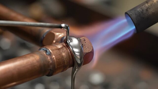 Process of soldering copper pipes using a gas blowtorch and molten filler metal. Professional plumbing work showing high heat and precision. Ideal for industrial and repair content.