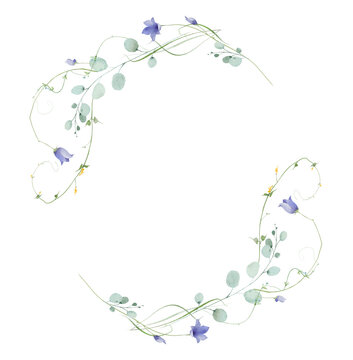 Watercolor floral round wreath border frame. Blue bells, yellow flowers. Green, turquoise eucalyptus branches, leaves. Hand drawn style illustration. Artistic template design.