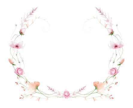 Watercolor floral symmetrical round border frame. Pink, orange poppy, peony, rose flowers, blush fern branches, peach leaves. Hand drawn style illustration. Artistic template design.