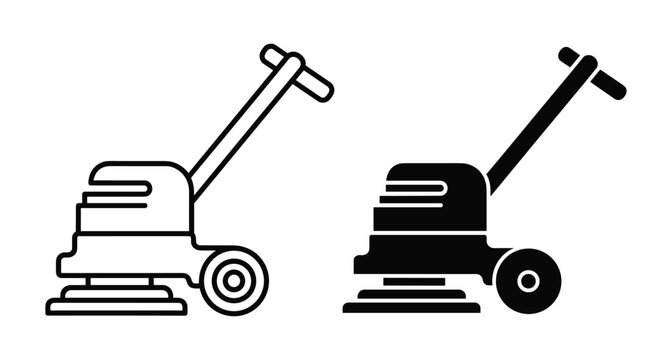 Floor buffer machine icon set showing industrial polisher and scrubber equipment for professional cleaning maintenance services in outline and solid styles