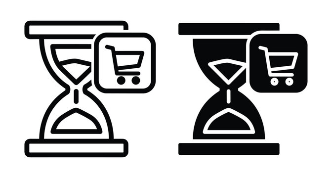 Hourglass and shopping cart icon set representing order processing time delivery countdown e commerce purchase history retail business web interface design