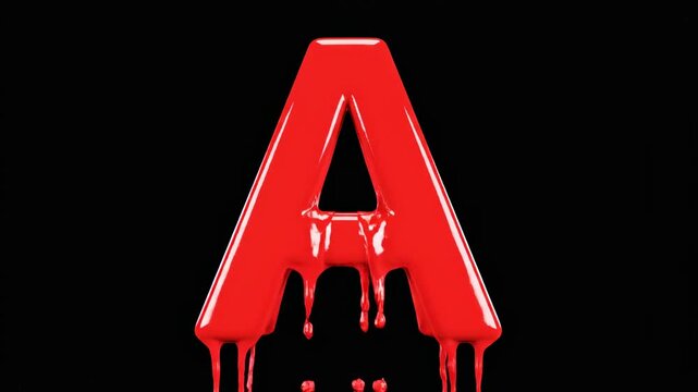 Fiery red capital letter A, crafted from dripping viscous liquid paint or molten metallic material, cascades downwards dramatically against a stark, void-like ebony expanse, evoking a visceral