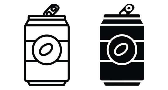 Soda can icon set featuring outline and solid black beverage containers with pull tabs for soft drinks or beer packaging