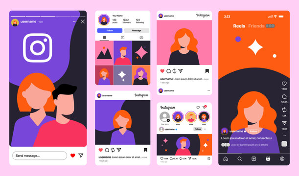Instagram social media UI kit and Instagram mobile app interface featuring Instagram stories, reels, profile layout, feed design and Instagram engagement screens