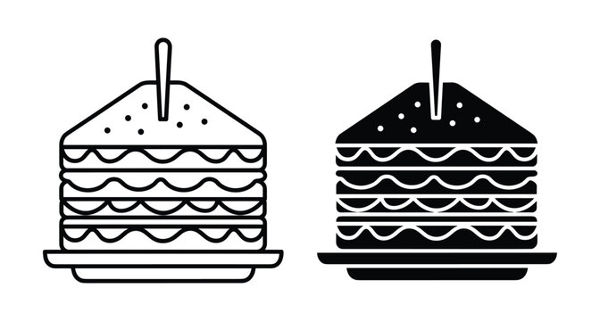 Club sandwich icon set with outline and solid black versions showing layered bread and fillings on a plate with toothpick