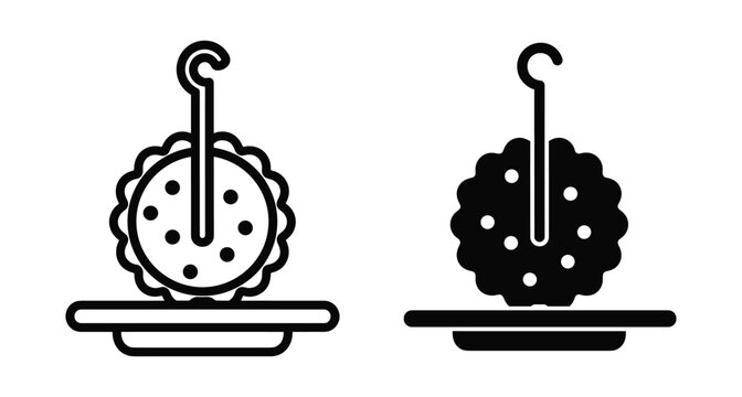 Snack food icon set showing a round scalloped cracker on a small plate with a cocktail skewer in line and silhouette