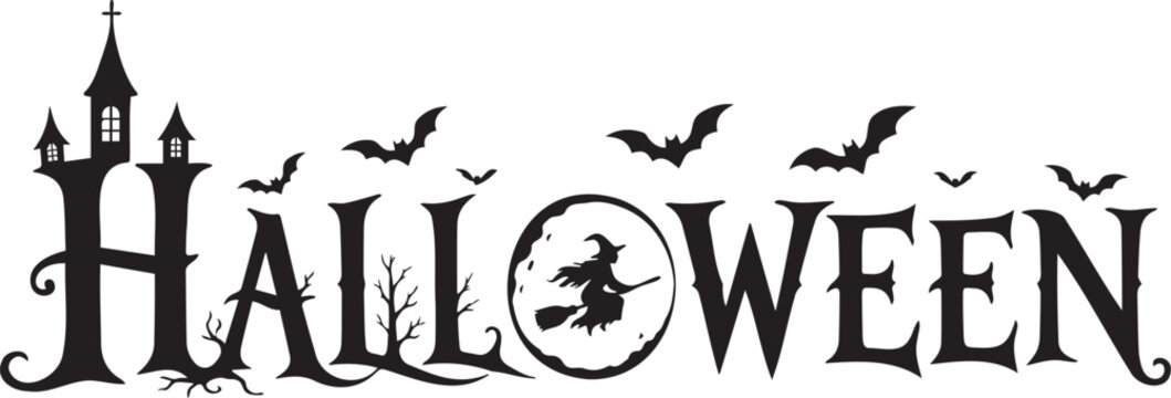 Decorative halloween text illustration featuring a spooky haunted castle silhouette a flying witch on a broomstick and many small bats