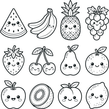 Cute cartoon fruits with faces and expressions arranged in a 3x4 grid, kawaii strawberry, cherry, pineapple, lemon, pear, grapes, plum, orange, kiwi, melon, banana, cherry blossom
