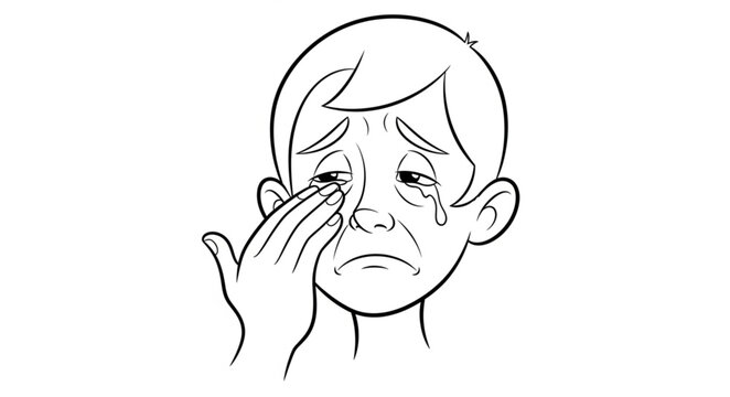 Sad Boy Crying Tears Rubbing Eyes Emotion Illustration.