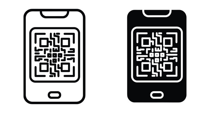 Smartphone mobile phone icons with QR code on screen for scanning digital information payment and data transfer technology vector illustration