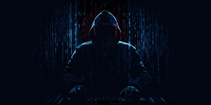 hooded figure silhouette at computer with digital rain background