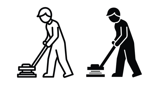 Man using floor polisher machine icon set for janitorial services cleaning maintenance industrial equipment worker silhouette and outline vector illustration