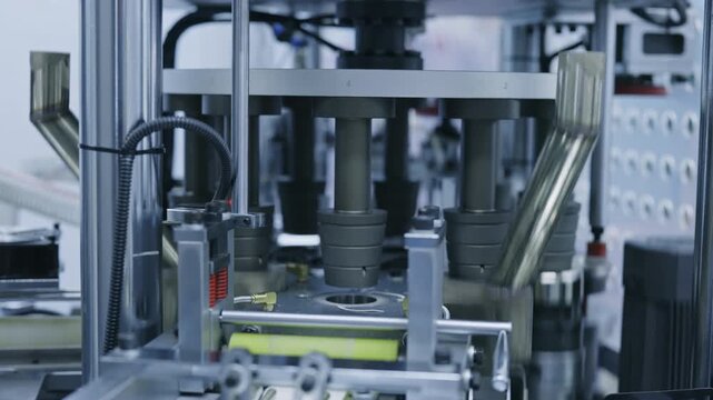 Close up of automated pharmaceutical filling system operating in advanced manufacturing facility. Precision industrial equipment used for medical packaging and production testing.